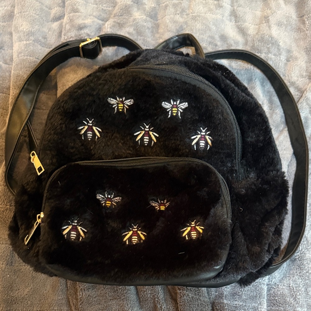 Never used Black Faux Fur Backpack with Bee Embroidery.